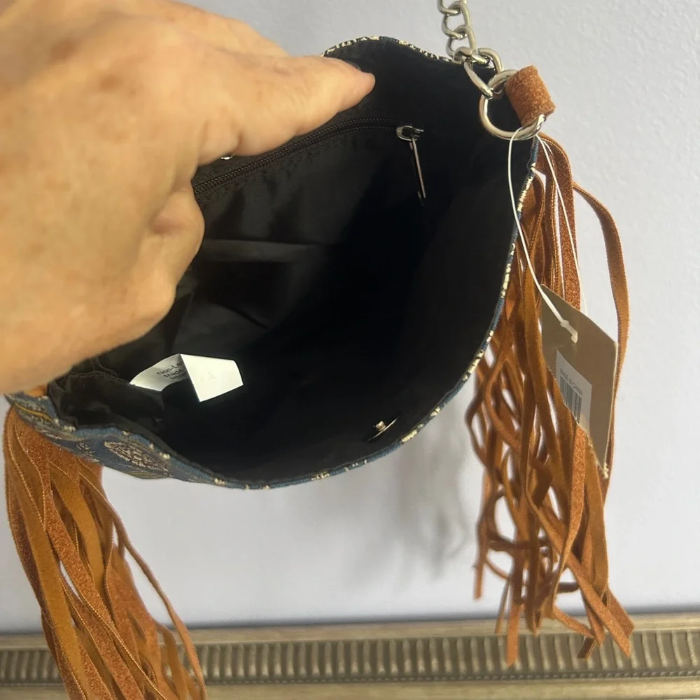 NWT Boho Fringe Crossbody Bag faux suede and canvas silver chain accent